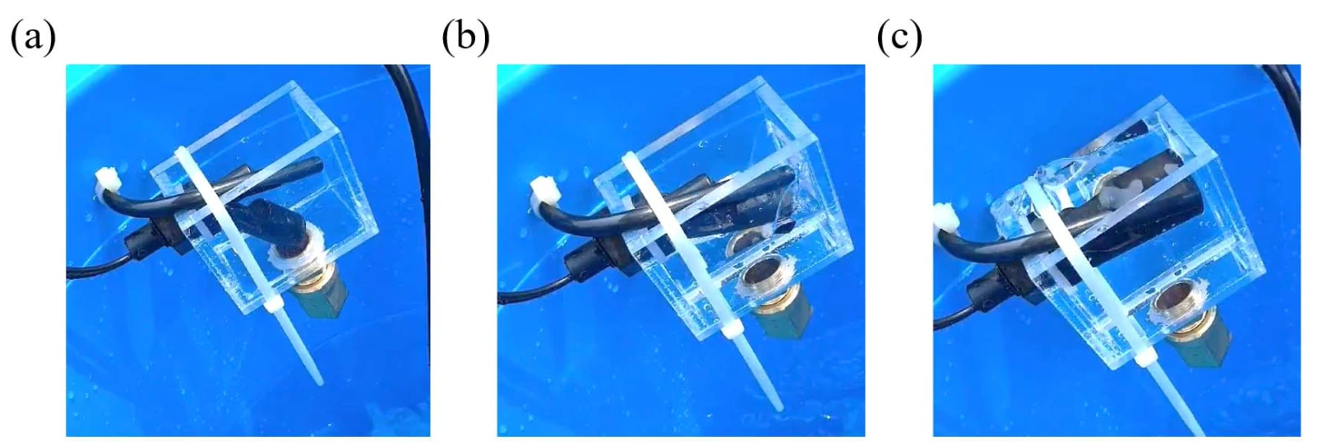 Figure 3. The architecture and operation of volume measurement system installed on the concentrate tank. From figure (a) to (b), the level of concentrate solution increases. When the water sensor reports that the container is full (c), the pump stops and valve opens. For each step, exactly 102mL of solution is supplied to the mix tank.