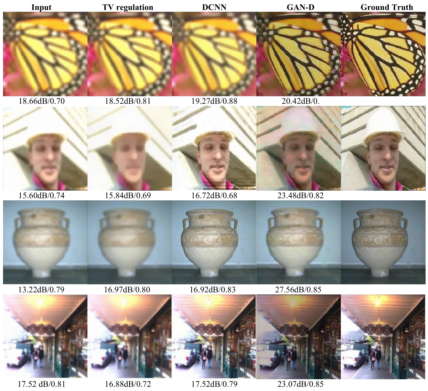 Figure 2. Input, TV regulation, DCNN, GAN-D, and ground-truth image comparisons on four datasets.
